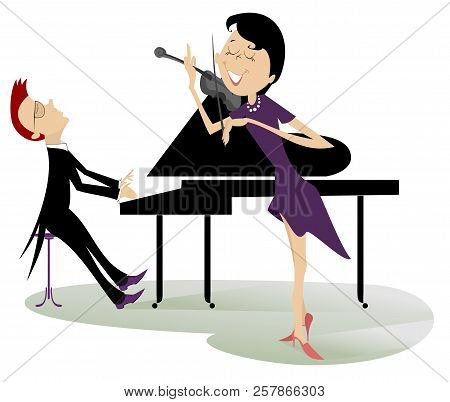 Couple Musicians Play Music On Violin And Piano Isolated Illustration. Duet Of Violinist Woman And P