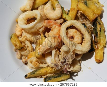 Mixed Fried Dish With Shrimp Squid And Battered Vegetables
