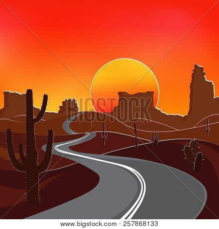 The Road In The Desert At Sunset. Vector Illustration.