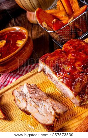 Spicy Roasted Meat With Mushroom Sauce In The Oven