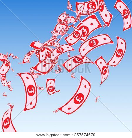 British Pound Notes Falling. Messy Gbp Bills On Blue Sky Background. United Kingdom Money. Authentic