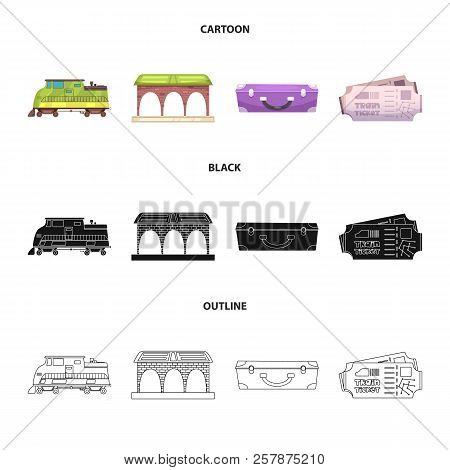 Vector Illustration Of Train And Station Sign. Set Of Train And Ticket Vector Icon For Stock.