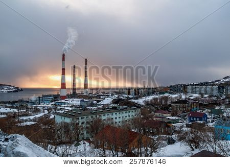 City Landscape Of Residential Area Of Petropavlovsk-kamchatsky In The Evening At Sunset In Winter Wi