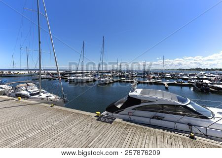 Sopot, Poland - June 6, 2018: Wooden Sopot Pier In Sunny Day, Port For Boats.  It Is The Longest Woo