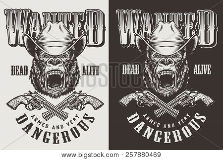 T-shirt Print With Gorilla Cowboy Concept. Vector Illustration
