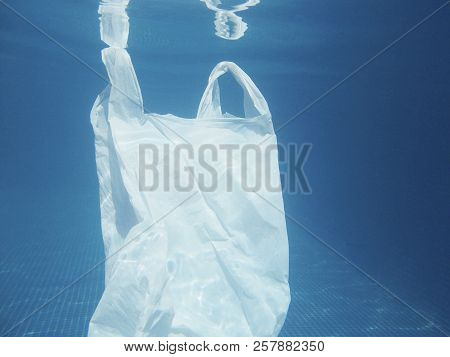 Plastic Bag Floating Into The Water. Polluted Enviromental. Recycle Garbage