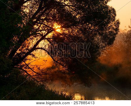 The Morning Landscape With Fog And Warm Sky Over The River, Ukrane.