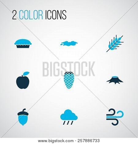 Seasonal Icons Colored Set With Pine Cone, Puddle, Apple And Other Cloud Elements. Isolated Vector I