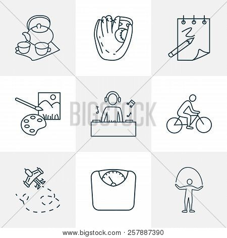 Entertainment Icons Line Style Set With Baseball Glove, Djing, Painting And Other Catchers Mitt Elem