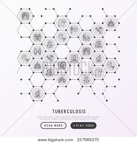 Tuberculosis Concept In Honeycombs With Thin Line Icons: Infection In Lungs, X-ray Image, Dry Cough,