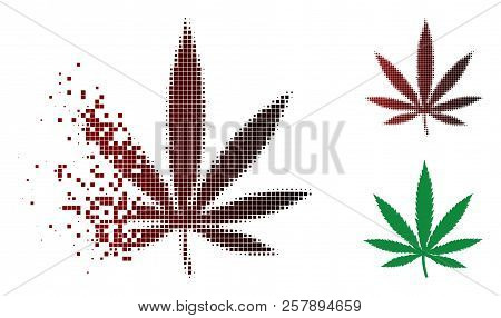 Cannabis Leaf Icon In Dissolved, Dotted Halftone And Undamaged Entire Variants. Elements Are Grouped