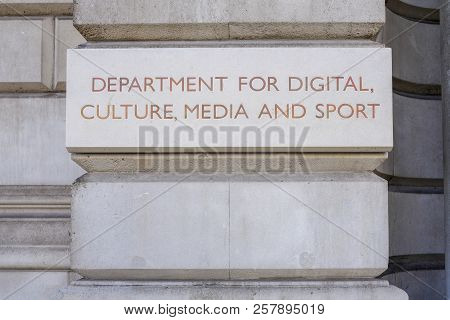 Whitehall, Westminster, London, Uk - June 8, 2018: Sign For The Department For Digital, Culture, Med