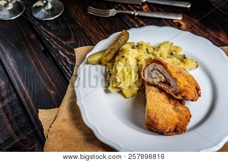 Traditional French Cuisine Chicken Roll Cordon Bleu Or Gordon Blue With Cheese, Ham And Mashed Potat