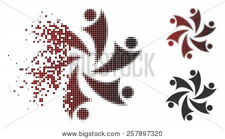 Collaboration Icon In Fractured, Pixelated Halftone And Undamaged Solid Variants. Pixels Are Organiz