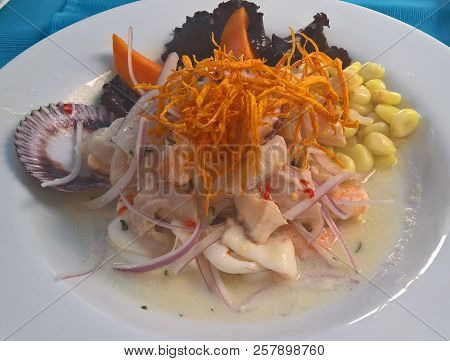 Closeup View To Ceviche, Traditional Peruvian Dish, Peru
