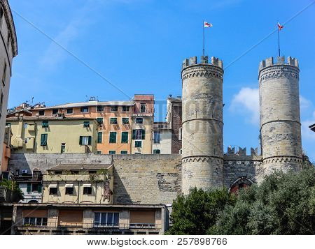 Genoa, Italy, August 24, 2018 - View Of Porta Soprana Or Saint Andrew's Gate Ith A Part Of Old City 