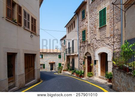 Empty Street In Idyllic Spanish Village Of Banyalbufar, Mallorca On Sunny Summer Day