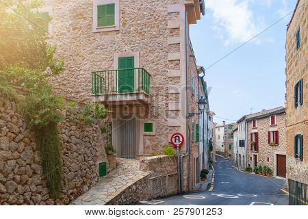 Empty Street In Idyllic Spanish Village Of Banyalbufar, Mallorca On Sunny Summer Day