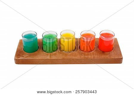 Multicolored Opaque Cocktails, A Set Of Shots In One Row, Five Servings On A Wooden Stand, Substrate