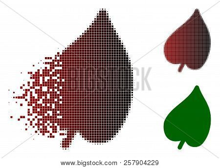 Leaf Icon In Dispersed, Pixelated Halftone And Undamaged Entire Versions. Particles Are Grouped Into
