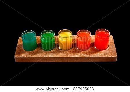 Multicolored Opaque Cocktails, A Set Of Shots In One Row, Five Servings On A Wooden Stand, Substrate