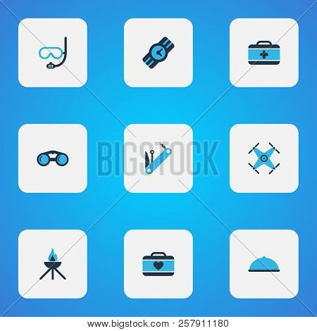 Journey Icons Colored Set With Binoculars, Wristwatch, Underwater Mask And Other Barbecue Elements. 