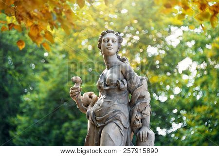 Sandstone Statues In The Saxon Garden, Warsaw, Poland. Made Before 1745 By Anonymous Warsaw Sculptor