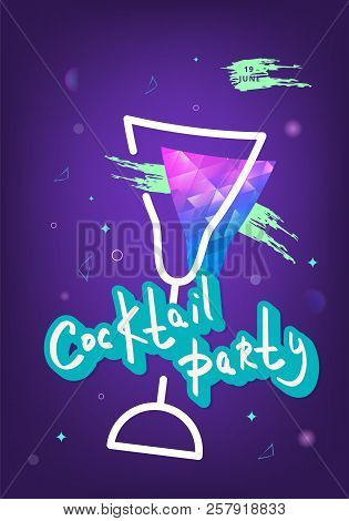 Cocktail Party Card Template. Holiday Banner With Shine Decoration And Creative Lettering. Event Inv