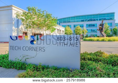 Sunnyvale, California, United States - August 13, 2018: Google Tech Corners Sign At Entrance Of Goog