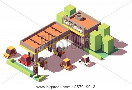 Vector Isometric Gas Station Or Filling Station Building With Shop And Cafe