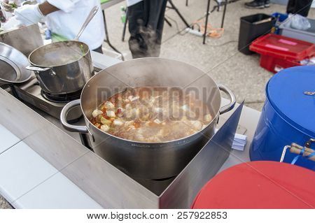 Steaming Pot Of Monkfish Stew At The 2018 New Bedford Seafood Throwdown