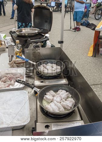 New Bedford, Massachusetts, Usa, - August 23, 2018: Monkfish Chunks Cooking At 2018 New Bedford Seaf