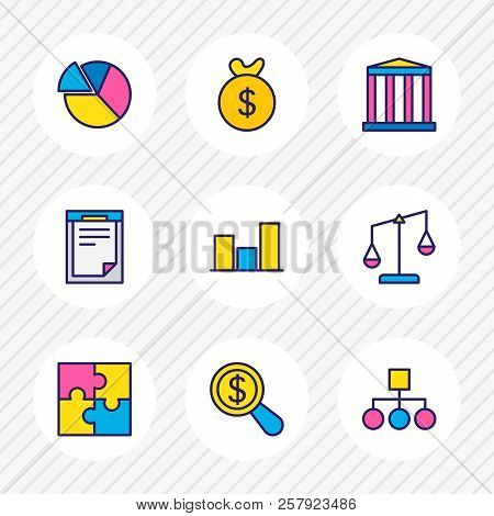 Vector Illustration Of 9 Business Icons Colored Line. Editable Set Of Bank, Bar Chart, Scales And Ot