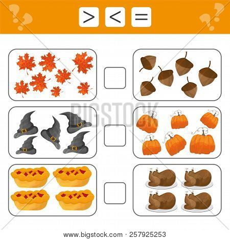 Learning Mathematics, Numbers - Choose More, Less Or Equal. Tasks For Addition For Preschool Childre