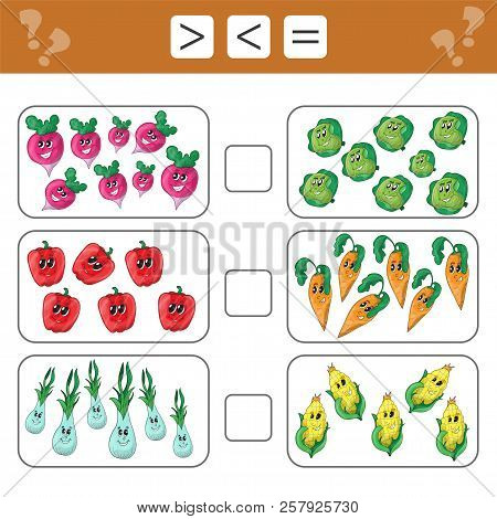 Learning Mathematics, Numbers - Choose More, Less Or Equal. Tasks For Addition For Preschool Childre