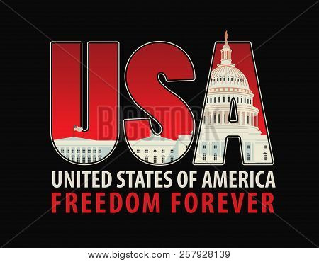 Vector Banner With Letters Usa With The Image Of The Capitol Building Washington Dc And The Words Fr