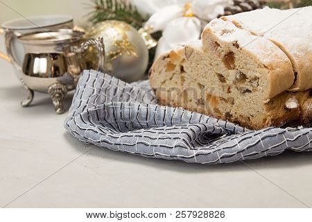 Traditional Christmas Drezden Cake Stollen. Christmas New Year Decoration.