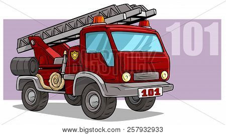 Cartoon Red Emergency Rescue Fire Department Truck With Flasher, Metal Ladder And Water Hosepipe. On