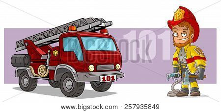 Cartoon Standing Redhead Smiling Firefighter Character With Axe And Big Red Emergency Rescue Fire Tr