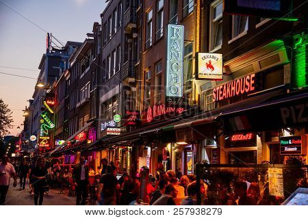 Colorful Night Lights With Music Entertainment And Bars In Walking Street Korte Leidsedwarsstraat At