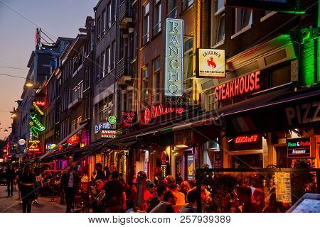 Colorful Night Lights With Music Entertainment And Bars In Walking Street Korte Leidsedwarsstraat At