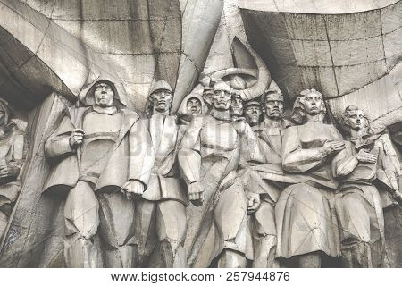 Minsk, Belarus - September 12, 2018: Bas-relief Of The Soviet Era On Old Facade Building On Nemiga S