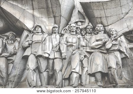Minsk, Belarus - September 12, 2018: Bas-relief Of The Soviet Era On Old Facade Building On Nemiga S