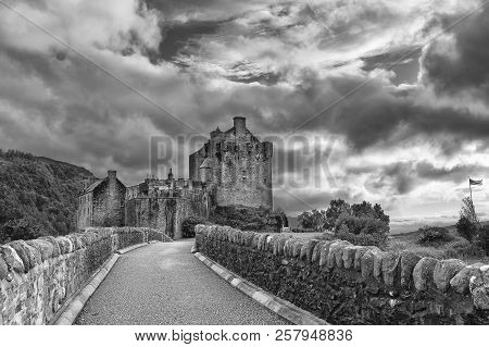 Eilean Donan Castle At Dornie On Kyle Of Lochalsh In Scotland With Clouds And Artistic Conversion