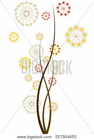 Flowers And Dandelions With Branches, White Background, Vector Illustration