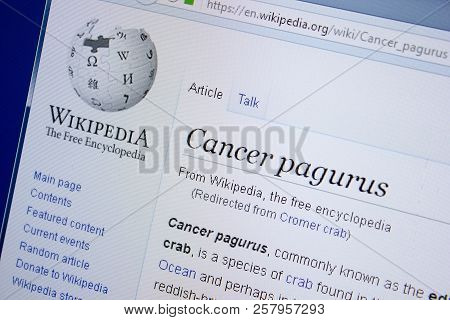 Ryazan, Russia - September 09, 2018 - Wikipedia Page About Cancer Pagurus On A Display Of Pc