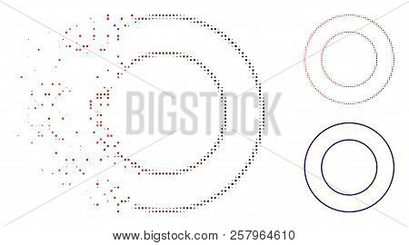 Double Round Frame Icon In Dispersed, Pixelated Halftone And Undamaged Whole Versions. Points Are Co