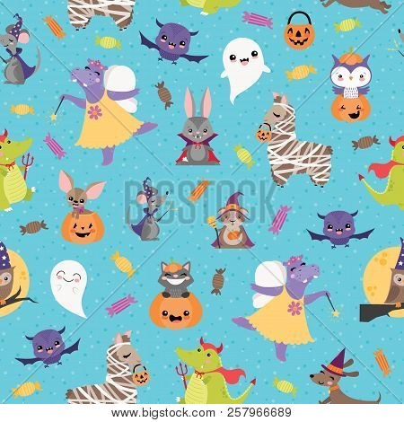 Vector Blue Halloween Friends Seamless Pattern Background