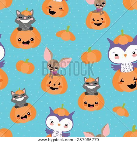 Vector Blue Pumpkin Friends Seamless Pattern Background