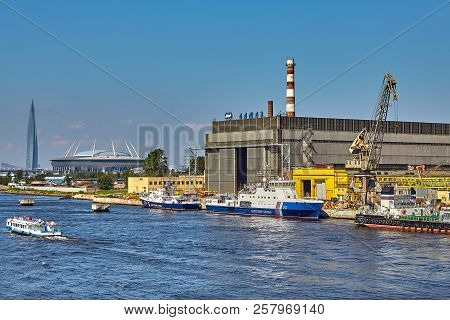 St. Petersburg, Russia - July 19, 2018: Shipbuilding Company Almaz  Which Is Manufacturing The Lates